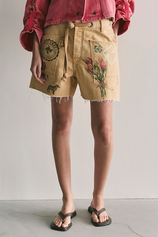 We The Free Moxie Printed Barrel Denim Shorts at Free People in Yellow, Size: 28