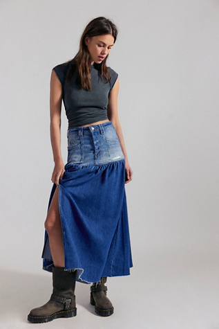 We The Free Good Company Mixed Denim Maxi Skirt at Free People in Medium Wash, Size: 24
