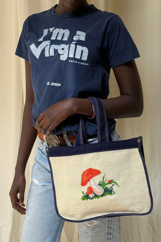 Vintage Hand Made Needlepoint Mushroom Canvas Bag Selected By Afterlife Boutique