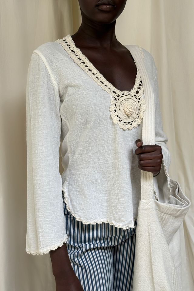Vintage 1970's Gauze Cloth Crochet Bell Sleeve Top Selected By Afterlife Boutique #1