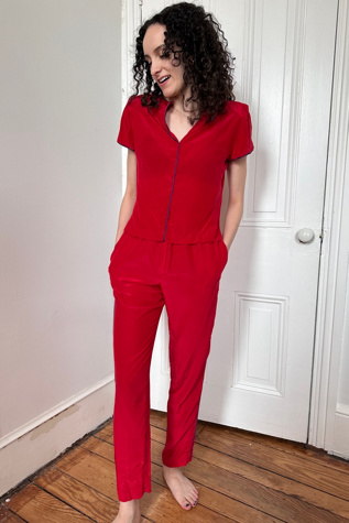 Vintage Ungaro Parallele Paris Red Silk Lounge Set with Purple Piping Selected by KA.TL.AK