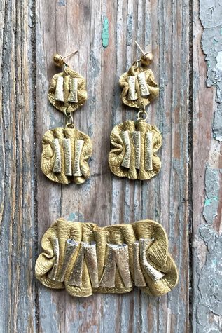 Vintage 1980s Gold Leather Earrings and Brooch Set Selected by Cherry