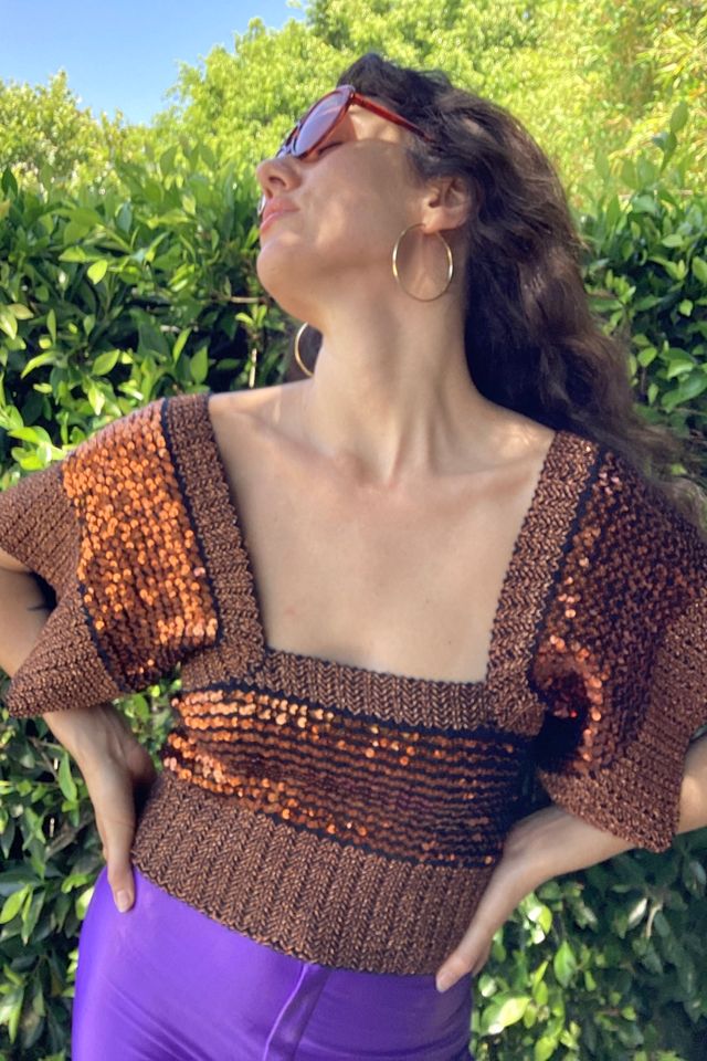 Vintage 1970s Bronze Sequins Knit Batwing Top Selected by Cherry #1