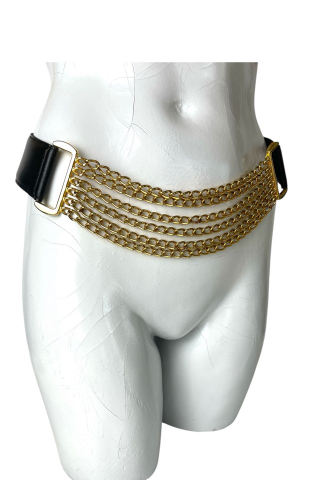 Vintage Black Leather Belt with Gold Chains Selected By Ankh By Racquel #1