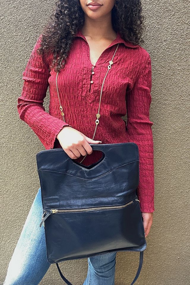 Vintage Large Navy Leather Purse/Attaché Selected By Ankh By Racquel #3