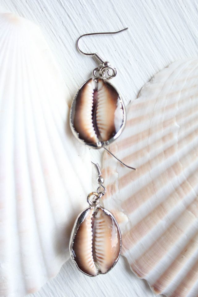 Vintage Silver Edged Cowrie Shell Dangle Earrings Selected By Moons + Junes Vintage #1