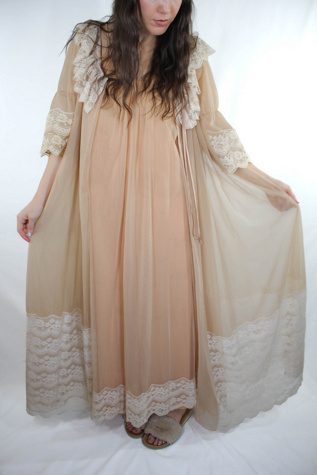 1960s Two-Piece Lace Chiffon Intimates Jacket & Gown Set Selected By Moons + Junes Vintage