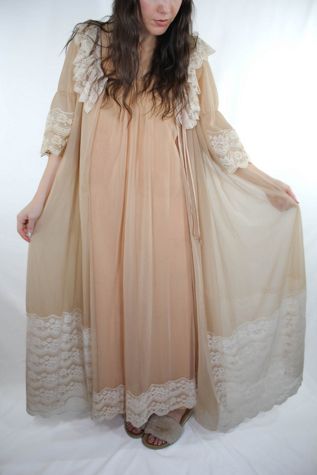 1960s Two-Piece Lace Chiffon Intimates Jacket & Gown Set Selected By Moons + Junes Vintage