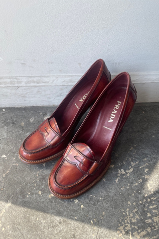 Prada Brown Leather Loafer Heels Size 36.5 Selected by The Curatorial Dept.