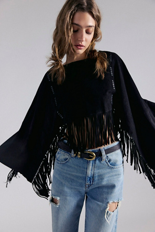 Almost There Suede Poncho Jacket by Free People in Black, Size: M/L