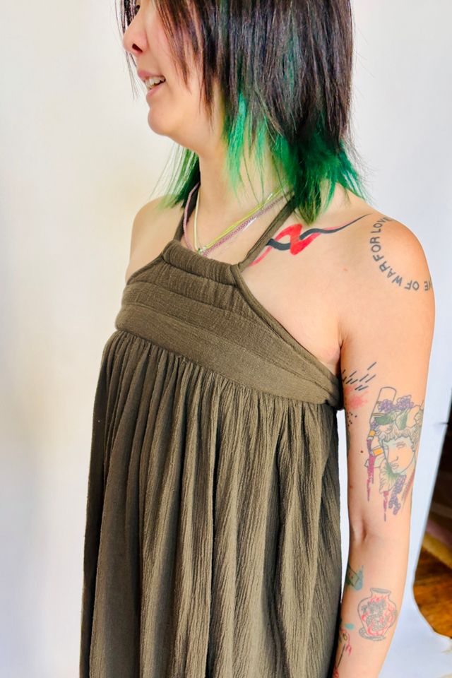 Vintage Army Green Cotton Guaze Halter Dress #1