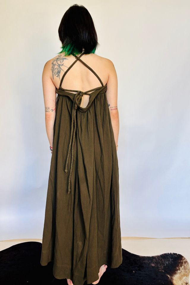 Vintage Army Green Cotton Guaze Halter Dress #2
