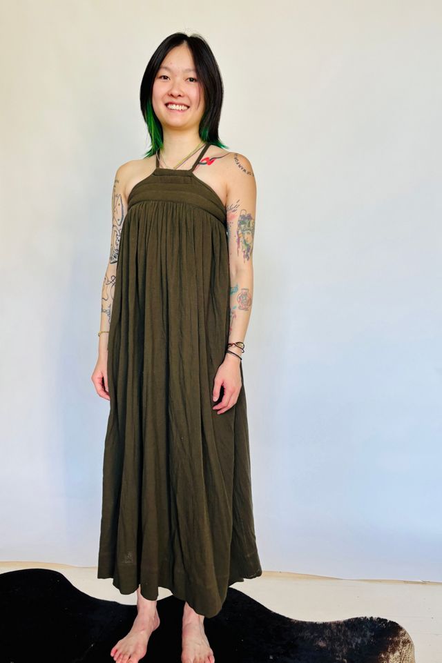 Vintage Army Green Cotton Guaze Halter Dress #3