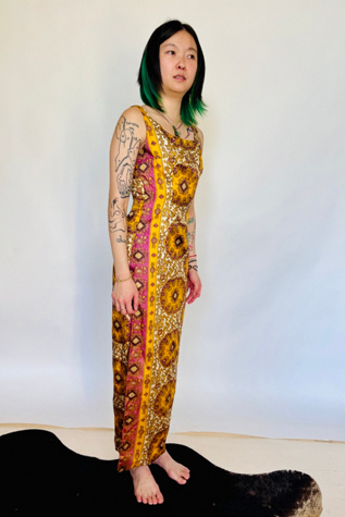 Vintage Print Silky Collom Dress