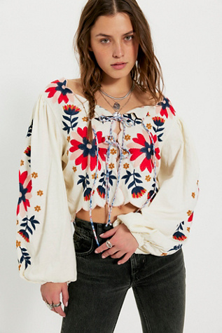 Anise Embroidered Long Sleeve Blouse by Free People in White, Size: XS