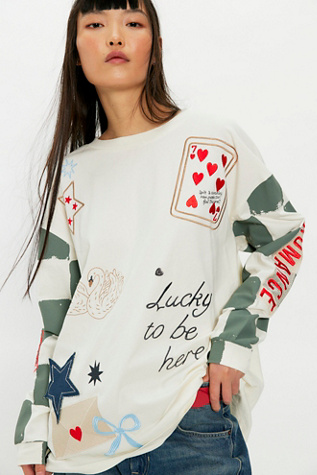 Denim And Bone Scrapbook Doodles Long Sleeve Top at Free People in White, Size: M