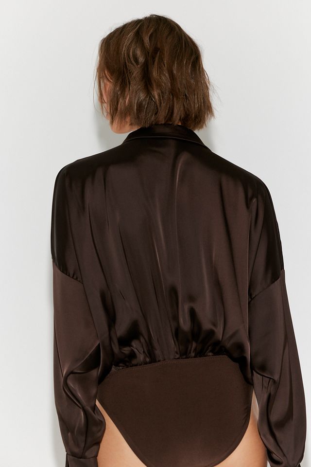 Norma Kamali Satin Super Oversized Boyfriend Shirt Bodysuit #1