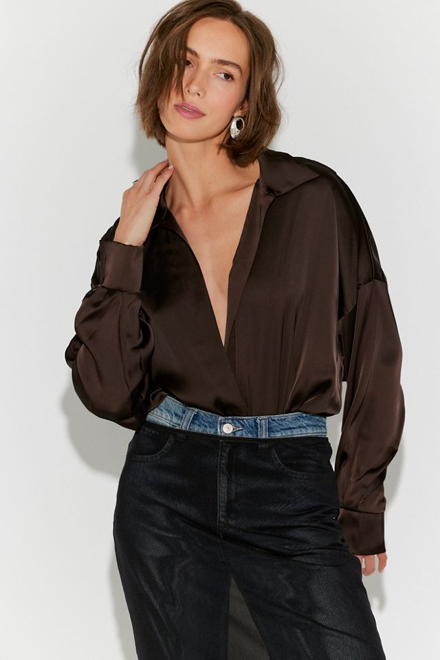 Norma Kamali Satin Super Oversized Boyfriend Shirt Bodysuit #3