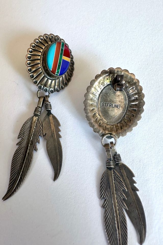 Vintage Sterling Feather and Stone Earrings Selected by Grievous Angel Vintage #1
