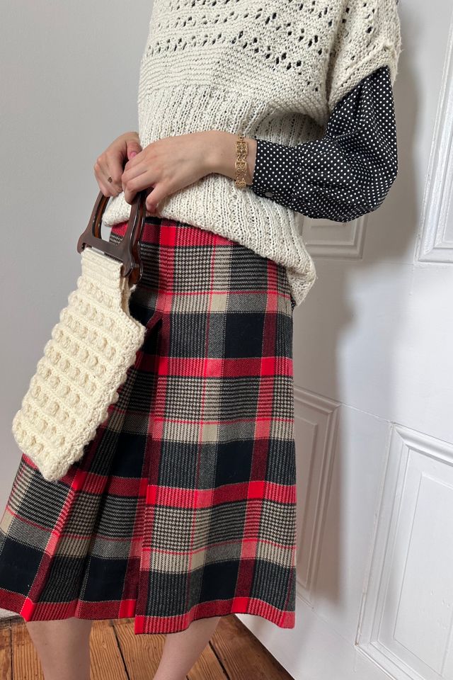 Vintage Red, Black and Beige Front Pleated Plaid Skirt Selected by KA.TL.AK #2