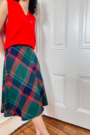 Vintage Wool Blend A-Line Plaid Midi Skirt Selected by KA.TL.AK