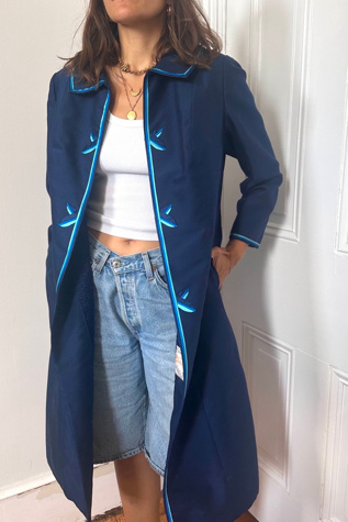 Vintage Blue Satin Trimmed Coat with Interior Embroidery Selected by KA.TL.AK