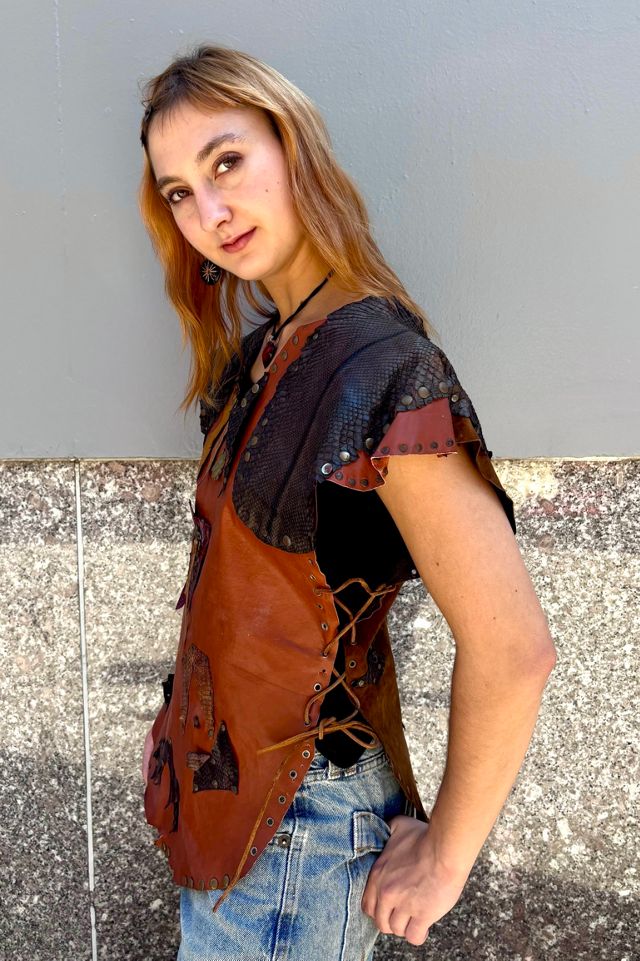 Vintage Leather Patchwork Lace Up Top Selected by Nomad Vintage #2