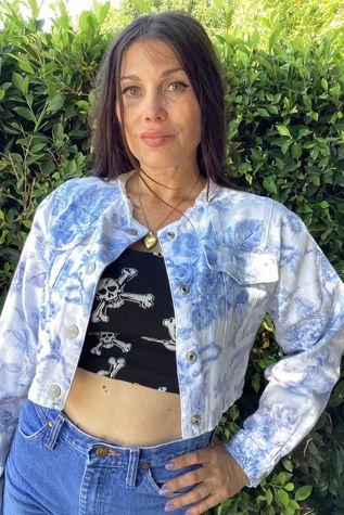 Vintage 1990s Floral White Denim and Lace Cropped Jacket Selected by Cherry