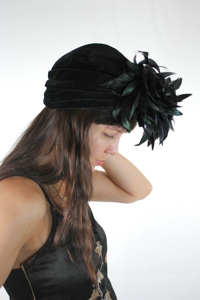 Vintage Black Velvet Feather Turban Showgirl Hat Selected By Moons + Junes Vintage #1