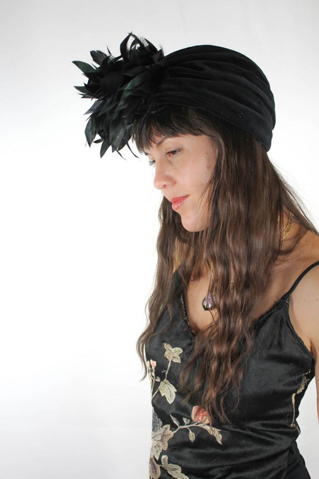 Vintage Black Velvet Feather Turban Showgirl Hat Selected By Moons + Junes Vintage #2