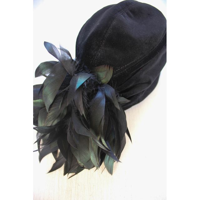 Vintage Black Velvet Feather Turban Showgirl Hat Selected By Moons + Junes Vintage #3
