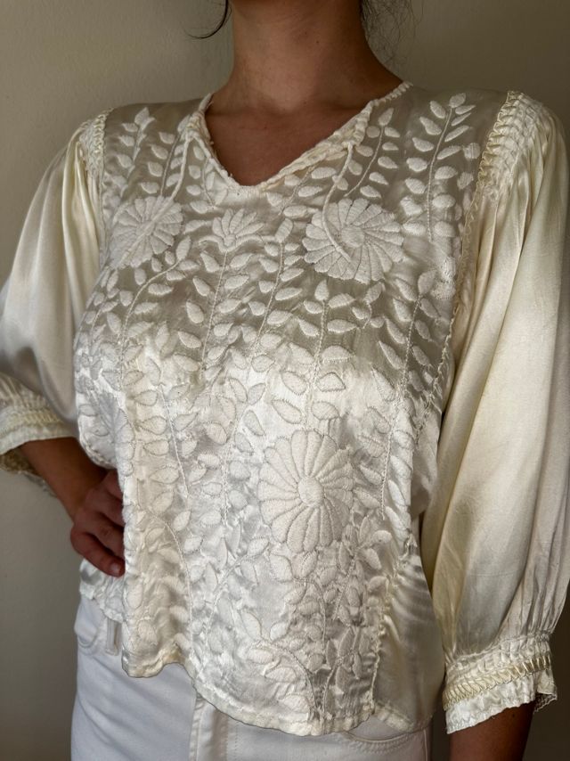 Ivory Satin Vintage 1970s embroidered Puff Sleeve Blouse Selected by Picky Jane #1
