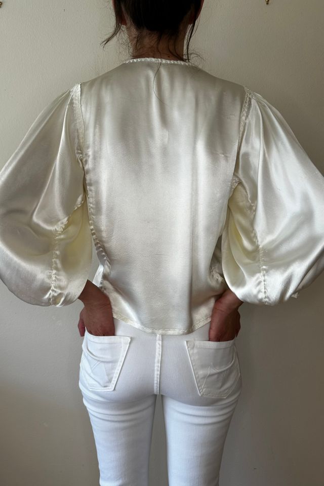 Ivory Satin Vintage 1970s embroidered Puff Sleeve Blouse Selected by Picky Jane #2
