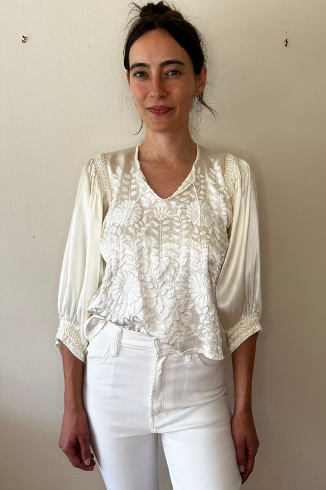 Ivory Satin Vintage 1970s embroidered Puff Sleeve Blouse Selected by Picky Jane #3