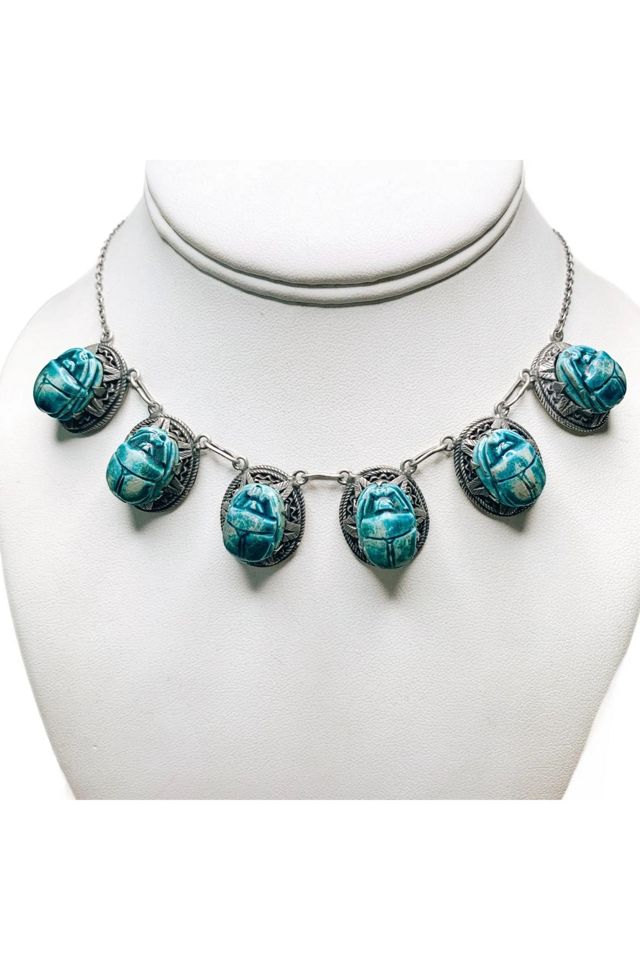 Vintage Egyptian Revival Scarab Beetle Necklace Sterling + Ceramic Selected by Lux Revival #1
