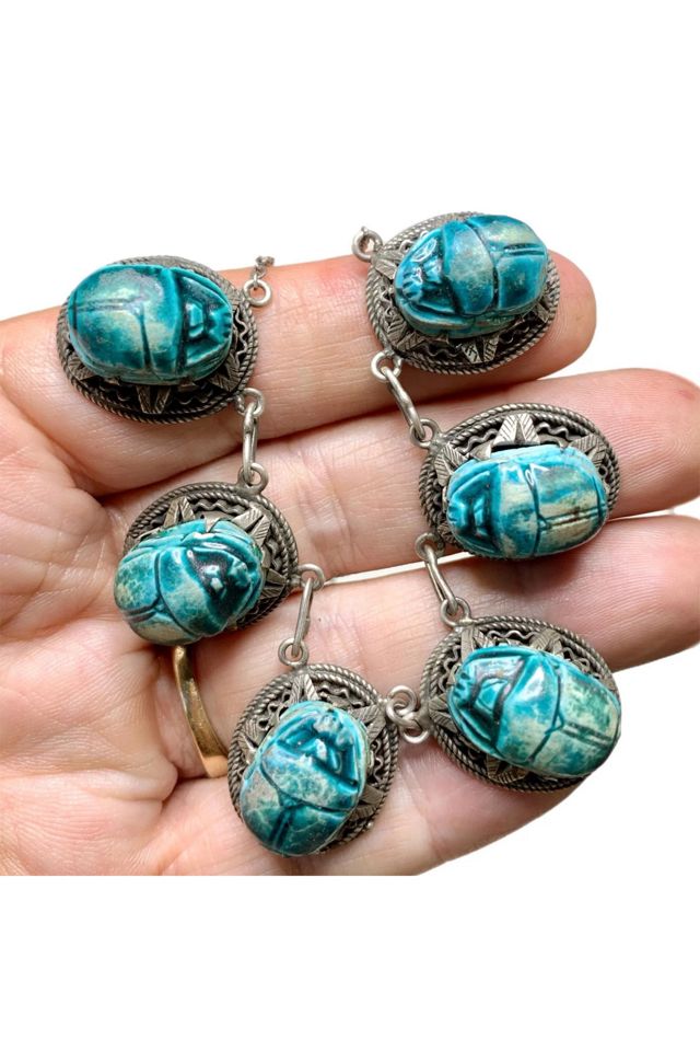Vintage Egyptian Revival Scarab Beetle Necklace Sterling + Ceramic Selected by Lux Revival #2