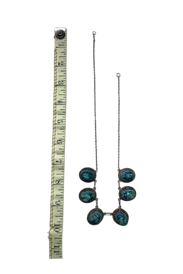 Vintage Egyptian Revival Scarab Beetle Necklace Sterling + Ceramic Selected by Lux Revival #3