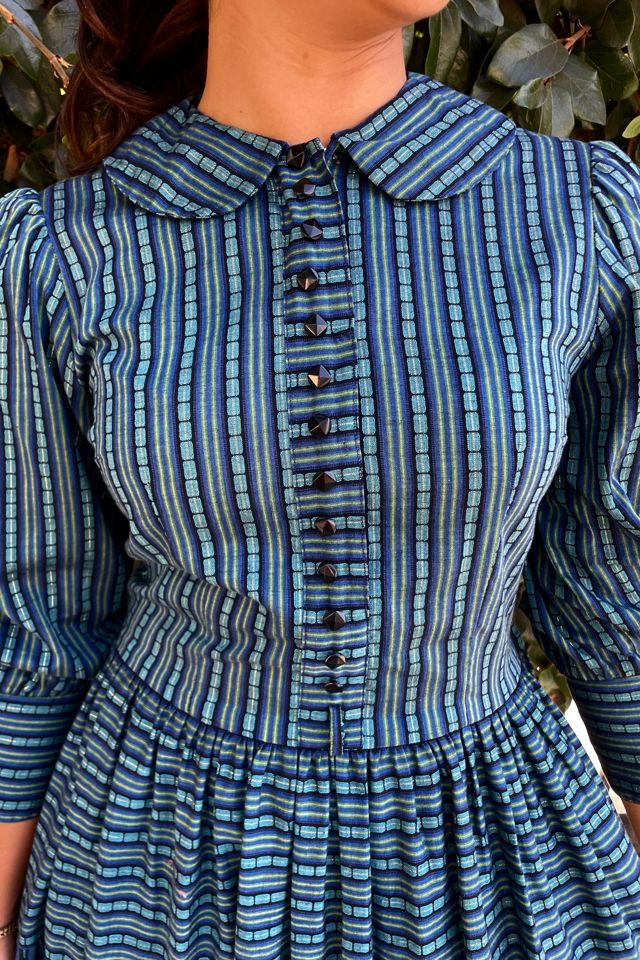 Vintage Indigo Silver Stripped Prairie Style Dress Selected by FernMercantile #1
