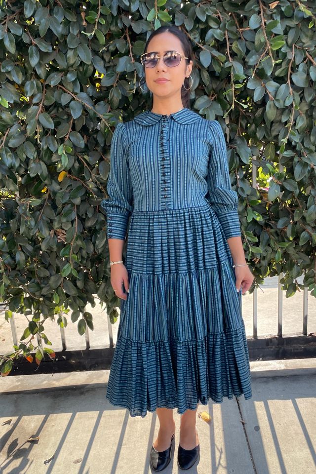 Vintage Indigo Silver Stripped Prairie Style Dress Selected by FernMercantile #2