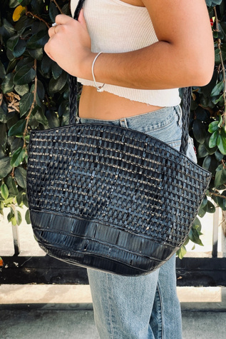 Vintage Woven Black Leather Shoulder Bag Selected by FernMercantile