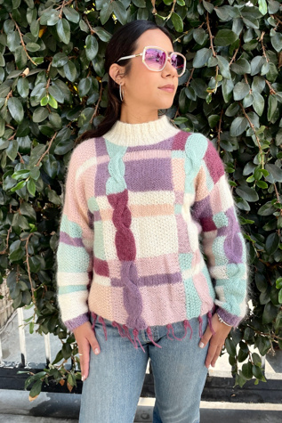 Vintage 1990's Asymmetric Plaid Crop Sweater with Fringe Selected by FernMercantile