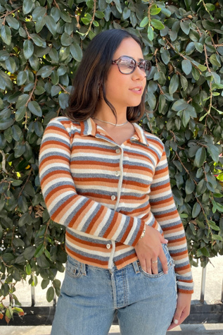 Vintage 1970's Fitted Brown Striped Cardigan Selected by FernMercantile