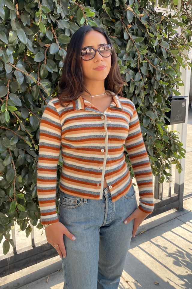 Vintage 1970's Fitted Brown Striped Cardigan Selected by FernMercantile #1