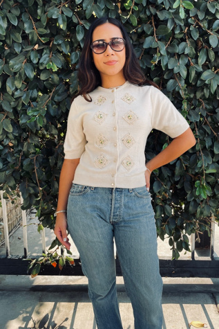 Vintage 1950's Cream Crop Sweater with Crochet Appliques Selected by FernMercantile
