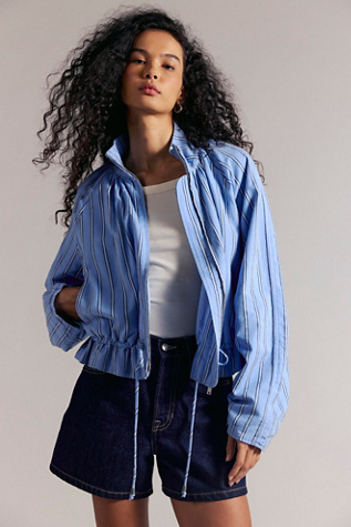 Женская куртка Free People Devon Striped Balloon Funnel-Neck, цвет: Синий — фото 4