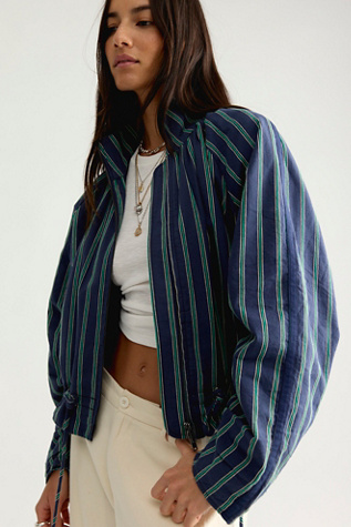 Devon Striped Balloon Funnel-Neck Jacket