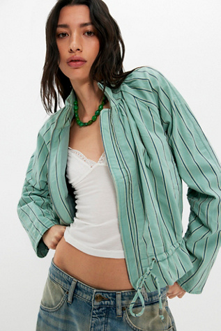 Devon Striped Balloon Funnel-Neck Jacket by Free People in Green, Size: M