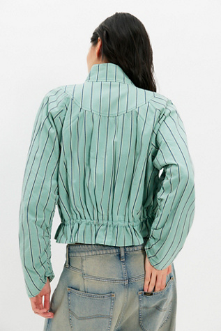 Devon Striped Balloon Funnel-Neck Jacket by Free People in Green, Size: XL