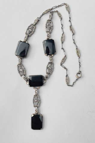 Antique Sterling Silver Onyx Marcasite Art Deco Lavaliere Y Necklace Selected by MARMALADE