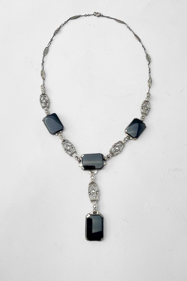 Antique Sterling Silver Onyx Marcasite Art Deco Lavaliere Y Necklace Selected by MARMALADE #1
